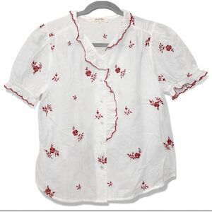 Simple retro womens small white red embroidery shirt ruffle top